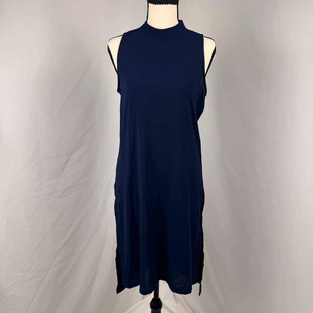 Cupio Midi Dress Womens Small (est.) Navy Blue Mock Neck Sleeveless Side Slit